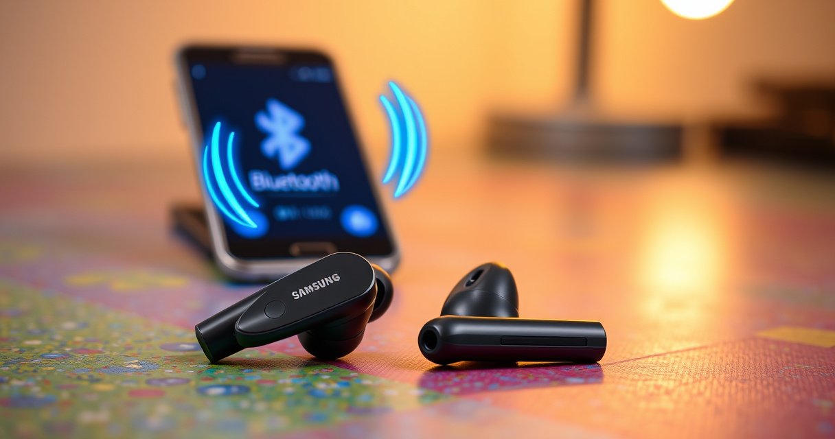 A close-up of sleek Samsung earbuds resting on a vibrant, textured surface, with glowing blue Bluetooth symbols hovering above them. In the background, a modern smartphone displays the pairing screen, surrounded by soft, ambient lighting that highlights the earbuds' elegant design, evoking a sense of innovation and connectivity.