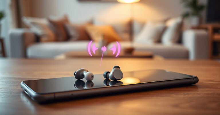 A sleek pair of Samsung earbuds resting on a wooden table beside a modern smartphone, with vibrant sound waves visually emanating from the earbuds. The background is softly blurred, showcasing a cozy living room with warm lighting, inviting the viewer to explore the seamless connection between technology and comfort.