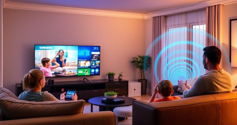 A cozy living room featuring a sleek Samsung Smart TV displaying vibrant streaming content, surrounded by modern furniture. A family excitedly connects their devices to WiFi, with colorful digital signals emanating from the router. Soft lighting and warm tones create an inviting atmosphere, emphasizing technology and family bonding in a contemporary home setting.