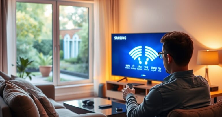 A sleek Samsung Smart TV with a glowing screen displaying vibrant WiFi signal bars, set in a cozy living room. Soft ambient lighting casts a warm glow, highlighting a stylish sofa and modern decor. A user intently interacts with a remote, surrounded by tech gadgets, while a window reveals a serene garden outside.
