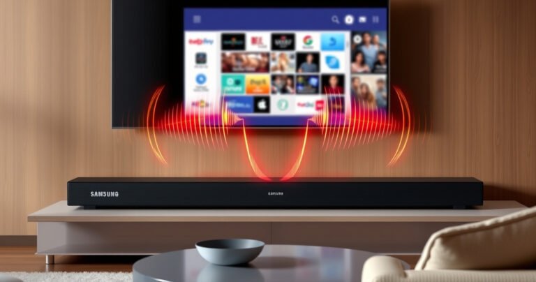 A sleek Samsung soundbar elegantly positioned beneath a modern Samsung Smart TV, both radiating a polished black finish. The living room is cozy with soft lighting, showcasing a stylish coffee table and plush sofa. Vibrant sound waves visualize the connection between the devices, creating a warm atmosphere of entertainment and technology.