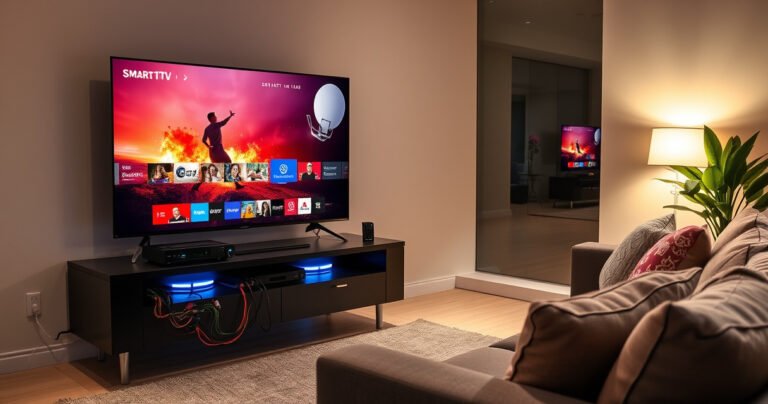 A sleek living room with a modern smart TV displaying vibrant satellite channels, a satellite receiver with glowing lights on a stylish media console, colorful cables neatly organized, a cozy sofa adorned with decorative pillows, soft ambient lighting creating a warm atmosphere, and a hint of greenery from a nearby potted plant.