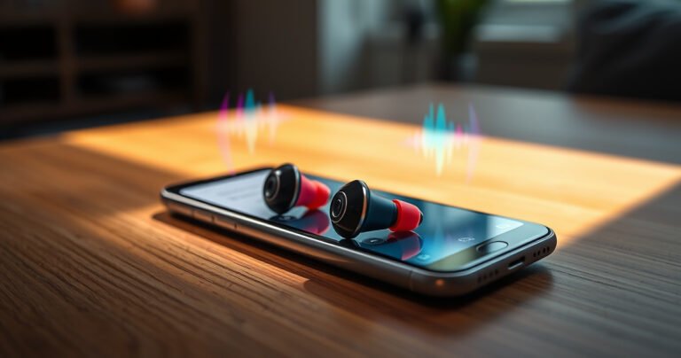 A close-up of vibrant Skullcandy Bluetooth earbuds resting on a modern wooden table, surrounded by a smartphone displaying a Bluetooth settings screen. Soft, natural light highlights the earbuds' sleek design, while colorful sound waves visually emanate from the device, symbolizing connection and music. A subtle hint of a cozy, inviting atmosphere completes the scene.