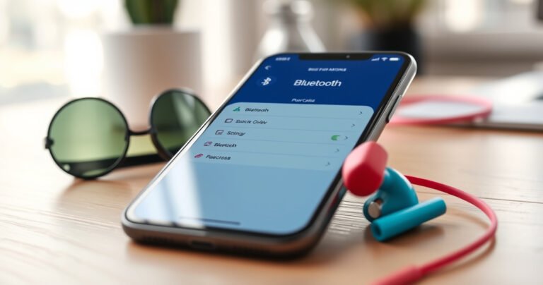 A close-up of a sleek iPhone displaying the Bluetooth settings screen, with vibrant Skullcandy earbuds elegantly resting nearby. The background is a cozy, modern workspace with soft natural light filtering through a window, and a hint of stylish tech accessories, creating an inviting atmosphere of seamless connectivity and modern lifestyle.