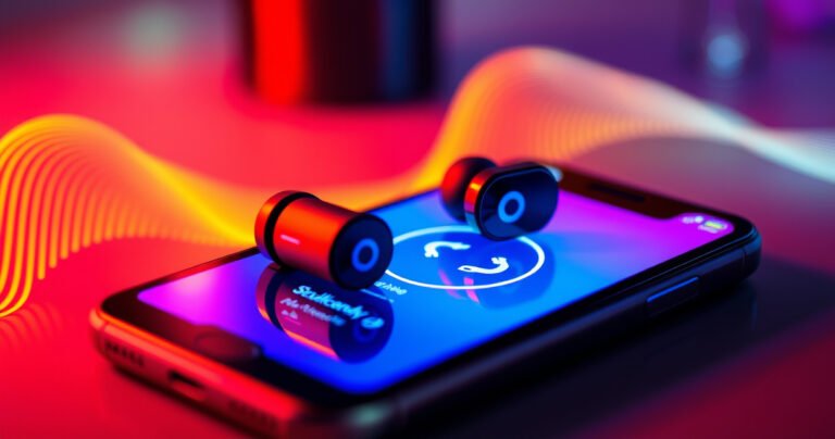 A close-up of a pair of sleek Skullcandy Bluetooth earphones resting on a vibrant, glowing smartphone screen displaying a vivid pairing interface, surrounded by soft, ambient lighting and colorful sound waves emanating from the device, symbolizing seamless connectivity and modern technology.