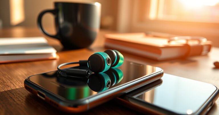 A close-up of vibrant Skullcandy earbuds resting on a sleek smartphone, with colorful sound waves visually emanating from the device, surrounded by a cozy lifestyle setting featuring a coffee cup and a notebook, all softly illuminated by warm sunlight streaming through a window, creating an inviting atmosphere for tech enthusiasts.