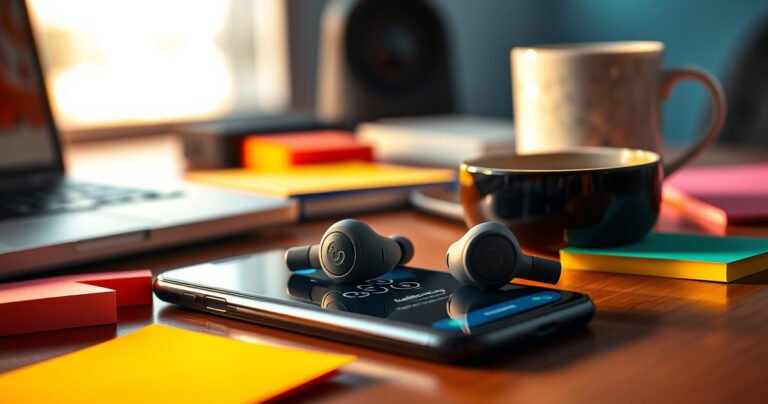 A close-up of a stylish pair of Skullcandy wireless earbuds resting on a vibrant, modern workspace, surrounded by a smartphone displaying a connection screen, colorful sticky notes, and a cup of coffee, all bathed in warm, inviting light, conveying a sense of connectivity and ease in technology.