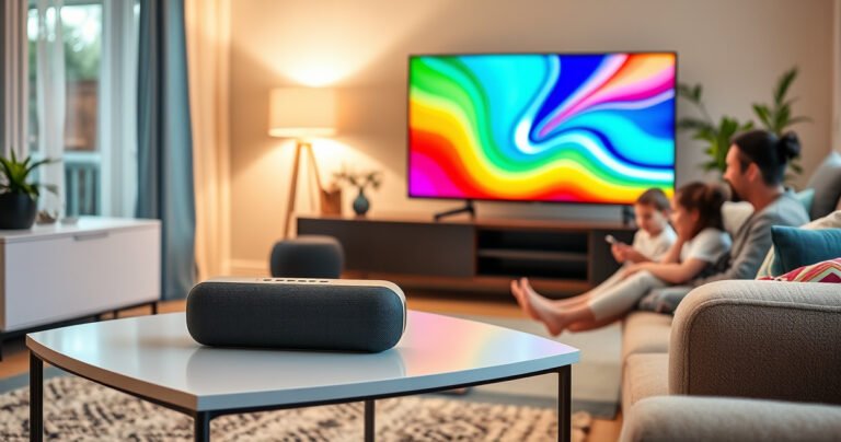 A cozy living room scene with a sleek smart TV displaying vibrant colors, a stylish Bluetooth speaker on a modern coffee table, and a family happily connecting devices, warm light illuminating the space, soft textures of a plush sofa and colorful cushions, creating an inviting atmosphere that highlights technology seamlessly blending into home life.