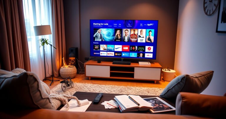 A sleek living room featuring a modern smart TV displaying vibrant streaming content, surrounded by tangled cables and a remote control, with a cozy couch in the foreground, warm ambient lighting, and a coffee table cluttered with guides and notepads, highlighting the intersection of technology and home entertainment.