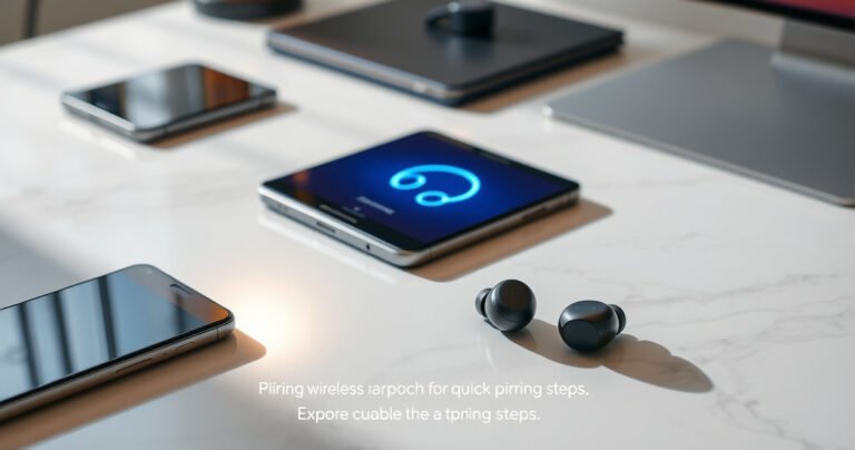 A sleek pair of Sony wireless earphones elegantly resting on a marble desk, surrounded by modern tech gadgets. A smartphone displays a vibrant pairing screen, with glowing connection icons. Soft ambient light casts gentle shadows, highlighting the earphones' stylish design. A cozy atmosphere suggests ease and simplicity, inviting readers to explore quick pairing steps.