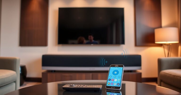 A cozy living room featuring a sleek Samsung Smart TV mounted on a wall, surrounded by plush furniture and warm lighting. In the foreground, a modern soundbar sits elegantly beneath the TV, with sound waves visually emanating from it. A remote control and a smartphone displaying a connection app rest on a stylish coffee table, enhancing the tech-savvy atmosphere.