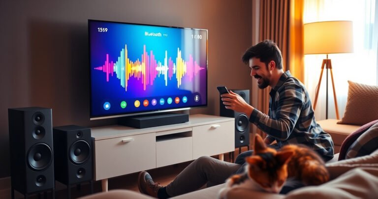 A cozy living room with a sleek smart TV displaying colorful sound wave graphics, surrounded by modern Bluetooth speakers. A user, excited and focused, connects a phone to the TV, while a cat lounges nearby. Warm lighting enhances the inviting atmosphere, showcasing a stylish setup that blends technology and comfort.