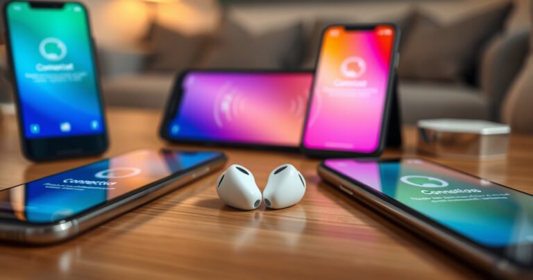 A close-up of sleek TWS earbuds resting on a wooden table, surrounded by vibrant smartphone screens displaying connection prompts. Soft, warm lighting enhances the modern tech vibe, with playful sound waves visually emanating from the earbuds, illustrating seamless connectivity. A faintly blurred background hints at a cozy living space, inviting and tech-savvy.