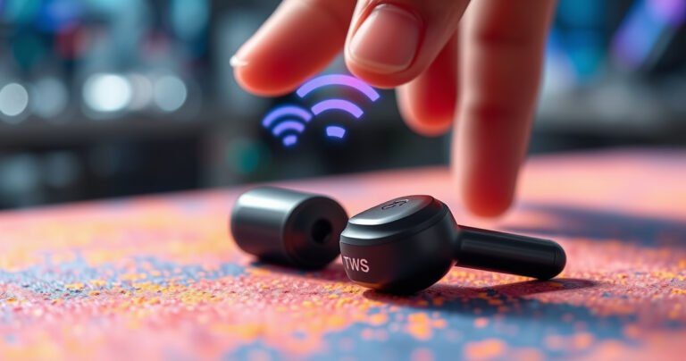 A close-up of two sleek, modern TWS earbuds resting on a vibrant, textured surface, with glowing connection symbols above them. A user's hand is gently reaching towards the earbuds, surrounded by soft, colorful light trails representing wireless signals. In the background, a blurred, tech-inspired environment suggests innovation and connectivity.