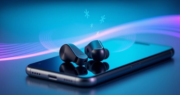 A close-up of sleek, modern TWS earbuds resting on a stylish smartphone, surrounded by colorful sound waves radiating outward. The background features a soft gradient of blues and purples, evoking a high-tech vibe, while small icons of Bluetooth connectivity float above, symbolizing seamless connection and modern technology in harmony.