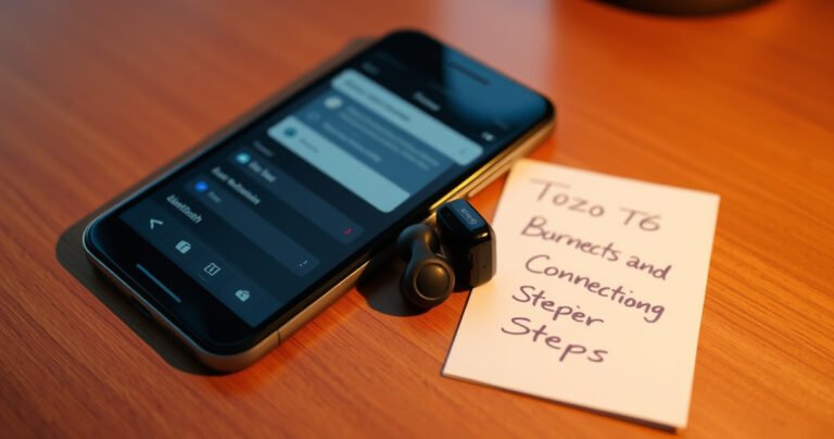A close-up of Tozo T6 earbuds on a sleek wooden table, surrounded by a smartphone displaying Bluetooth settings. Soft, warm lighting enhances the elegant design of the earbuds, while a handwritten note with connection steps lies nearby, conveying a sense of modern technology and user-friendly guidance.