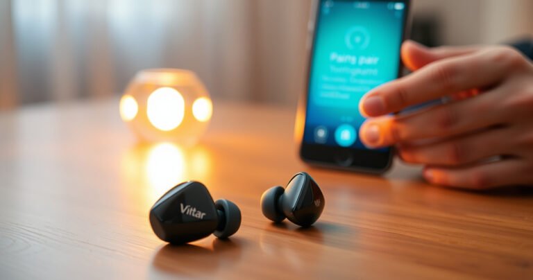 A close-up of sleek Vivitar earbuds resting on a wooden table, surrounded by a soft glow of warm light. In the background, a smartphone screen displays vibrant pairing instructions, while a pair of hands effortlessly reach out to connect the earbuds, embodying a sense of modern technology and ease of use.