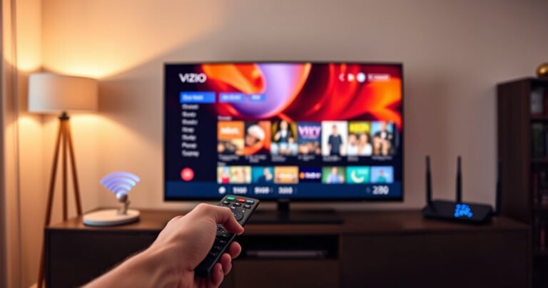A sleek Vizio Smart TV displayed in a modern living room, glowing with vibrant streaming content on the screen. Warm ambient lighting casts a cozy atmosphere, and a WiFi router sits prominently nearby, with blue LED lights indicating connection. A hand reaches for the TV remote, ready to embark on a seamless digital journey.