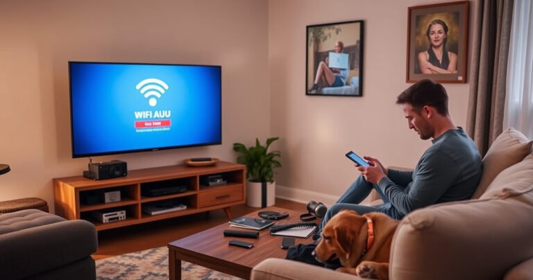 A cozy living room featuring an LG Smart TV displaying a WiFi connection screen, with a stylish sofa, soft lighting, and a coffee table cluttered with tech gadgets. A person is intently interacting with their smartphone, while a playful dog lounges nearby, creating a warm, inviting atmosphere for tech-savvy viewers.