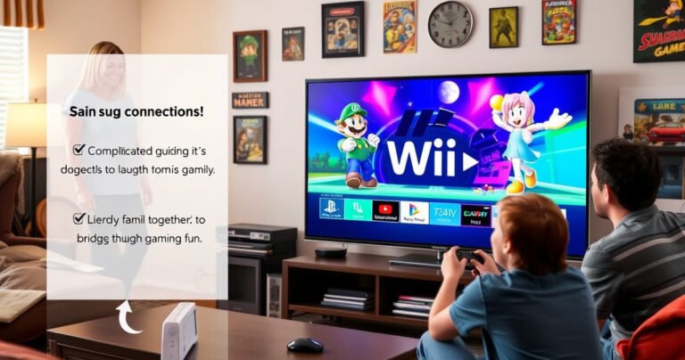 A sleek Samsung Smart TV displaying vibrant, colorful Wii game graphics, surrounded by a cozy living room with retro gaming memorabilia. An uncomplicated setup guide with visual arrows illustrates the connection process, while a friendly family enjoys gaming together, laughter echoing in the air, showcasing technology seamlessly bridging generations through gaming fun.