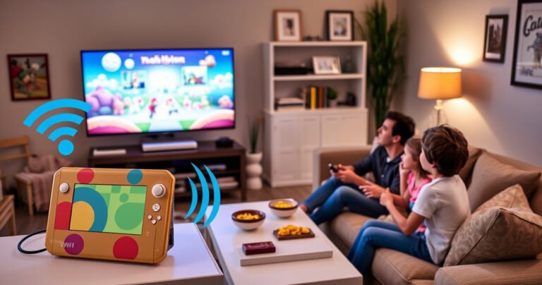 A cozy living room scene with a colorful Wii console connected to a sleek smart TV via innovative wireless methods. The bright TV screen displays vibrant game graphics, while a family enjoys gaming together on a comfy sofa. Surroundings include playful decor, snacks on a coffee table, and a warm, inviting atmosphere filled with laughter.