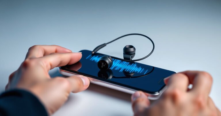 A close-up of sleek wired Bluetooth earphones elegantly draped over a modern smartphone, with vibrant soundwave graphics emanating from the device. The background features a soft gradient, blending tech-inspired colors of blue and silver, evoking a sense of seamless connectivity, while a pair of hands skillfully demonstrate the quick setup steps in a minimalist workspace.