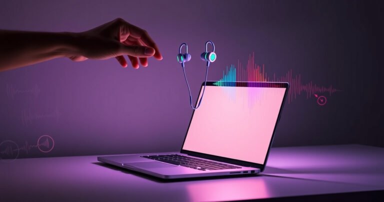 A sleek, modern laptop on a minimalist desk, glowing softly in the dim light, with wireless earphones floating above it, surrounded by digital connection symbols. A hand gently reaches towards the earphones, while colorful sound waves ripple in the air, illustrating the seamless connection process, creating a dynamic, tech-savvy atmosphere.