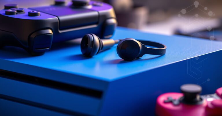 A pair of sleek wireless earphones resting on a vibrant blue PS4 console, surrounded by colorful gaming accessories like a controller and gaming headset. Soft ambient light highlights the earphones, creating an inviting atmosphere, while a subtle digital overlay hints at connectivity symbols, suggesting the seamless integration of technology and gaming.