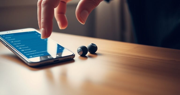 A close-up of sleek, stylish Skullcandy earbuds resting on a wooden table, surrounded by a smartphone displaying a Bluetooth settings screen. Soft, ambient light filters through a nearby window, creating a warm atmosphere, while a person's hand reaches to pick up the earbuds, emphasizing an inviting, hands-on approach to connecting wireless technology.