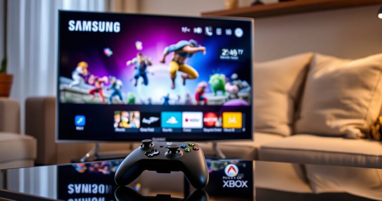 A sleek Samsung Smart TV displaying a vibrant gaming interface, an Xbox controller resting beside it on a modern coffee table. Colorful game characters leap across the screen, with a cozy living room setting featuring soft lighting, plush pillows, and a warm atmosphere, enticing viewers to dive into action-packed gameplay.