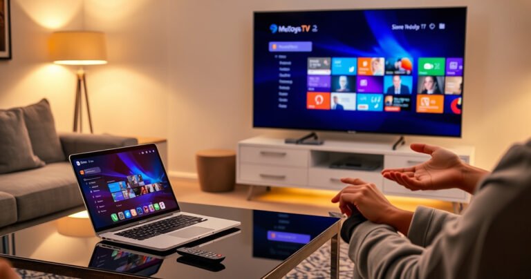 A modern living room featuring a sleek laptop on a stylish coffee table, with a large smart TV displaying a vibrant screen mirroring the laptop's interface. Cozy lighting highlights a comfortable sofa, and a pair of remote controls rest nearby. A person gestures towards the TV, illustrating the wireless connection process amidst a relaxed atmosphere.