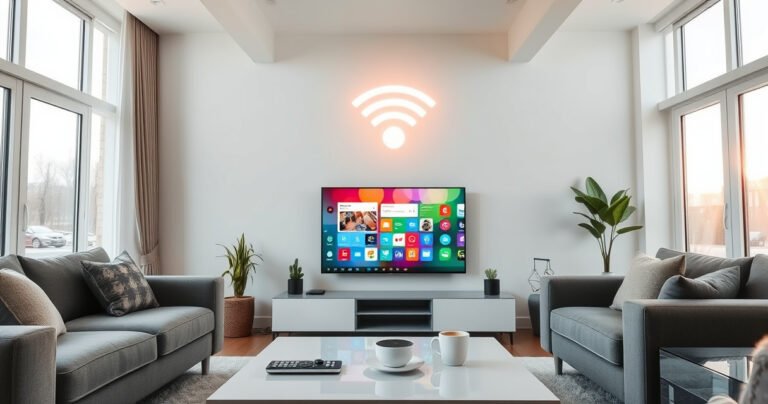 A sleek living room featuring a modern smart TV displaying a vibrant home screen, surrounded by cozy furniture. A glowing Wi-Fi symbol hovers above, symbolizing strong wireless connectivity. Soft sunlight filters through large windows, illuminating a stylish coffee table with remote controls and a steaming cup of coffee. A sense of comfort and technology harmonizes in the scene.