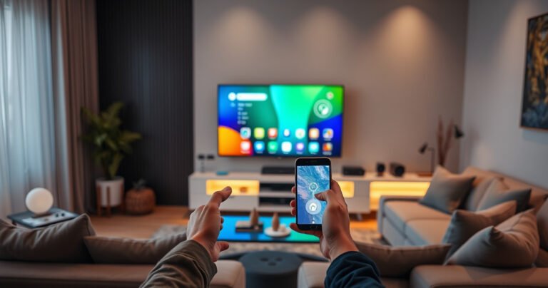 A sleek modern living room with a vibrant smart TV displaying a colorful Android interface, a user holding a smartphone with a glowing connection symbol, cozy furniture and subtle lighting creating a warm atmosphere, hints of technology like remote controls and cables subtly integrated, emphasizing connectivity and ease of use in a stylish home setting.