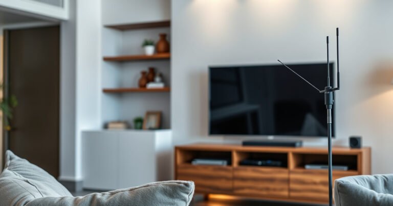 A close-up of a sleek modern living room with a vibrant smart TV displaying clear channels, an elegant wooden entertainment unit, and an antenna gracefully perched nearby, surrounded by cozy decor elements like plush cushions and soft lighting, evoking a sense of home entertainment and technological harmony.