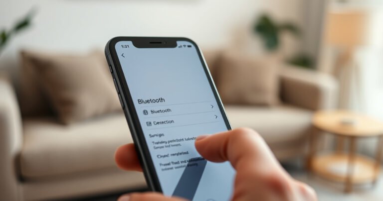 A close-up of a sleek iPhone displaying the Bluetooth settings screen, surrounded by stylish, modern Bluetooth earphones. The background features a soft, blurred living room setting with cozy lighting, emphasizing the ease and comfort of wireless connectivity. A hand reaches towards the phone, symbolizing the seamless connection experience.