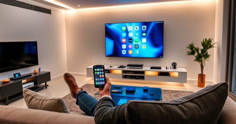 A sleek modern living room featuring a large smart TV displaying an iPhone screen through screen mirroring. A relaxed person sits on a plush sofa, holding the iPhone, with vibrant app icons glowing. Soft ambient lighting fills the room, and a coffee table is adorned with tech gadgets, creating a cozy yet high-tech atmosphere.