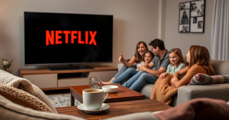 A cozy living room with a large smart TV displaying the vibrant Netflix logo, surrounded by soft cushions and a warm blanket. A steaming cup of coffee sits on a wooden table, while a family joyfully gathers on the couch, ready for a movie night. Soft lighting enhances a welcoming atmosphere of relaxation and entertainment.