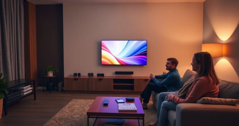 A cozy living room showcasing a vibrant smart TV seamlessly integrated with a stylish wall, surrounded by gadgets like streaming devices and a sleek remote. Soft ambient lighting highlights a comfortable sofa and a coffee table with tech manuals, while a family enjoys a movie night, illustrating the joy of tech transformation in everyday life.