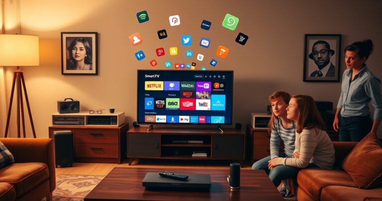 A cozy living room scene showcasing a vintage television transformed into a sleek smart TV, surrounded by modern gadgets. Bright, colorful icons float above the screen, symbolizing streaming apps and connectivity. Warm lighting creates an inviting atmosphere, with a stylish remote on a coffee table and a couple of curious onlookers eagerly exploring the new technology.