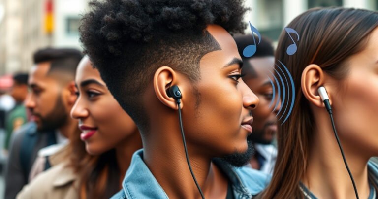 A close-up of a diverse group of people wearing stylish earphones, each demonstrating correct fit and placement. The background features a vibrant urban setting, with soft-focus elements like music notes and sound waves swirling around them, conveying a sense of comfort and connection to music, highlighting the importance of proper earphone usage.