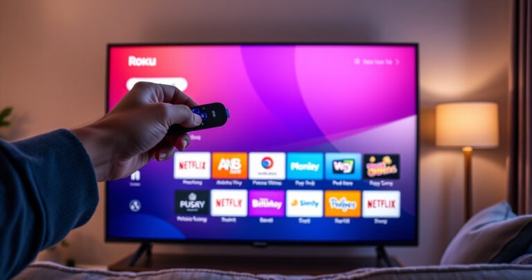 A sleek Roku Smart TV displaying a vibrant, colorful interface with multiple app icons, one icon highlighted in a glowing red circle, a hand poised above the remote, ready to press a button. The living room is cozy and modern, with soft lighting and a plush sofa, creating a warm and inviting atmosphere.