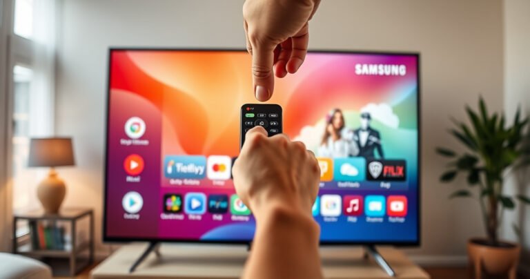 A sleek Samsung Smart TV with a vibrant home screen displaying various colorful app icons, a hand poised above the remote, fingers hovering over a highlighted app. The background features a cozy living room with soft lighting, an inviting sofa, and a potted plant, creating a warm, tech-savvy atmosphere perfect for a modern home.
