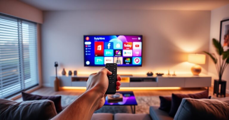 A sleek modern living room featuring a large smart TV displaying a colorful app interface, with a hand poised over a remote control, poised to select an app. Surrounding the TV, cozy furniture, soft ambient lighting, and a minimalist decor create a welcoming atmosphere, emphasizing the ease of technology and user-friendly design.