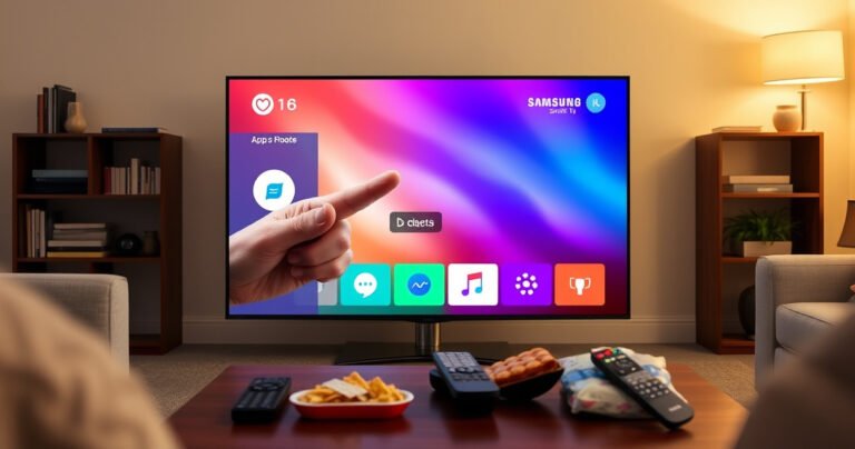 A sleek Samsung Smart TV displaying a vibrant, colorful app interface with a finger poised above a delete button, surrounded by a cozy living room setting. Soft ambient lighting highlights the TV screen while a coffee table cluttered with remote controls and snacks adds a casual, inviting atmosphere.