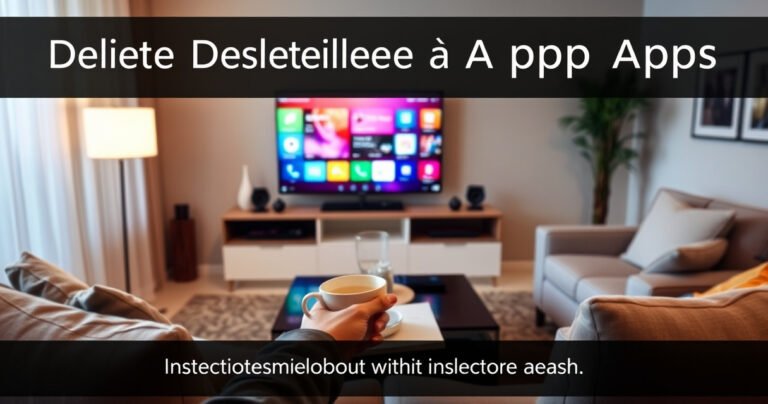 A modern living room with a sleek smart TV displaying a colorful app interface, a person holding a remote control, surrounded by cozy furniture, a coffee table with a steaming cup, soft lighting creating a relaxed atmosphere, and a notepad with a checklist nearby, symbolizing the process of deleting apps with clarity and ease.