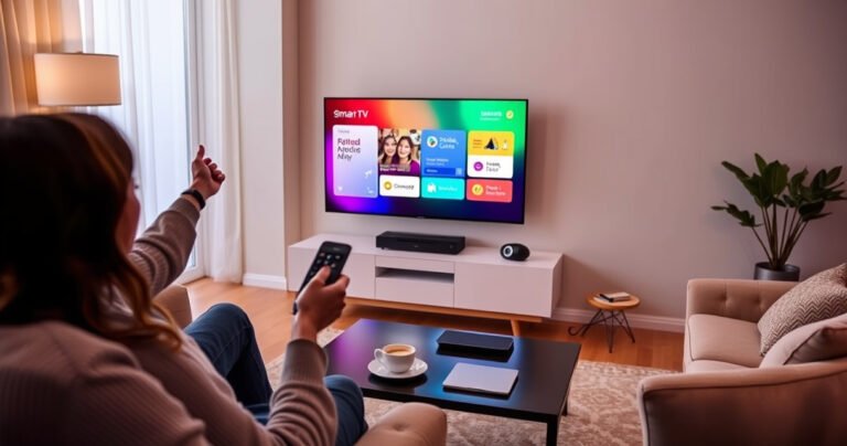 A cozy living room with a modern Samsung Smart TV displaying a colorful app interface, a person joyfully navigating the screen with a remote, surrounded by soft lighting and plush furniture, a sleek coffee table with a cup of coffee, and subtle tech gadgets, conveying a sense of comfort and ease in managing digital content.