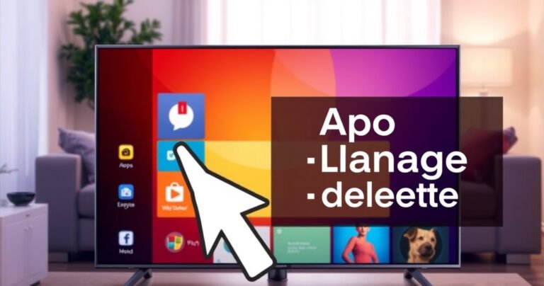 A sleek Samsung Smart TV displaying a vibrant, colorful app interface, with a prominent cursor hovering over an app icon. In the background, a cozy living room setting with soft lighting and a stylish couch, creating a modern yet inviting atmosphere. A subtle overlay of digital elements suggests app management and deletion, enhancing the informative theme.