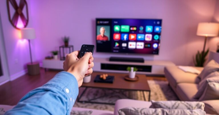 A sleek modern living room featuring a large smart TV displaying a colorful app interface, a hand poised to interact with a remote control, surrounded by a cozy atmosphere with soft lighting, a stylish coffee table, and a plush sofa, conveying a sense of ease and convenience in navigating technology.