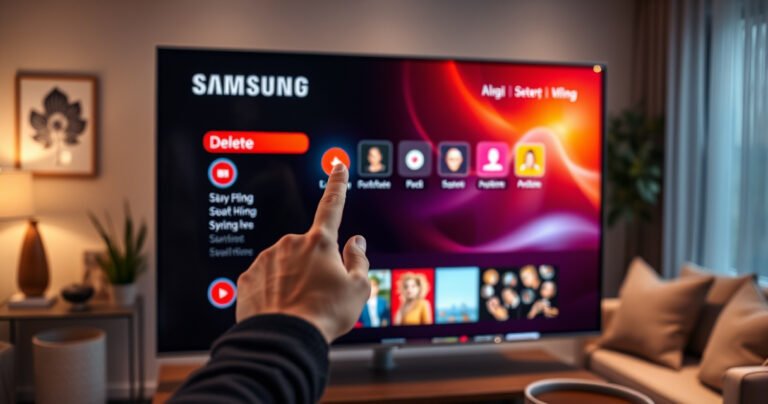 A sleek Samsung Smart TV glowing in a modern living room, with a vibrant user interface displayed on the screen. A hand reaches towards the screen, tapping an app icon with a vivid red "delete" symbol. The background features stylish decor, soft lighting, and a cozy sofa, creating a warm and inviting atmosphere.
