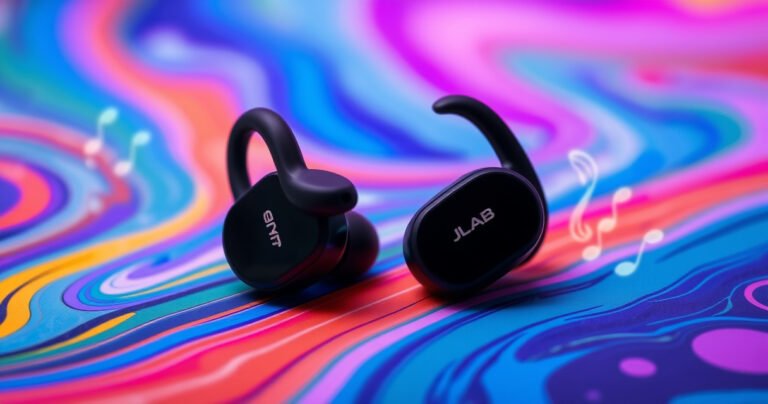 A close-up of a sleek pair of JLab earbuds resting on a vibrant, abstract background, with glowing sound waves emanating from them. The earbuds are slightly tilted, showcasing their modern design, while a subtle hand gestures towards them, symbolizing the action of disconnection, surrounded by playful, swirling colors that evoke a sense of freedom and relaxation.